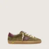 Young Super-Star in military-green suede with burgundy leather star and heel tab