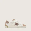 Junior Super-Star in white leather with dark gray suede star and beige suede inserts
