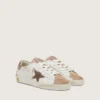 Junior Super-Star in white leather with dark gray suede star and beige suede inserts