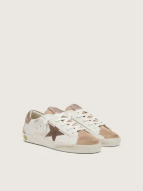 Young Super-Star in white leather with dark gray suede star and beige suede inserts