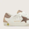 Junior Super-Star in white leather with dark gray suede star and beige suede inserts